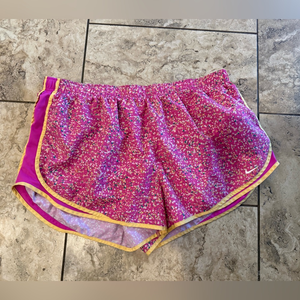 Nike Pink Spotted Dri-FIT Athletic Shorts with Yellow and Turquoise Accents